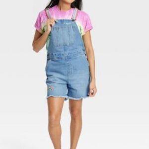 Pride Adult Rainbow Shortalls Overalls Light Wash NWT Sz M